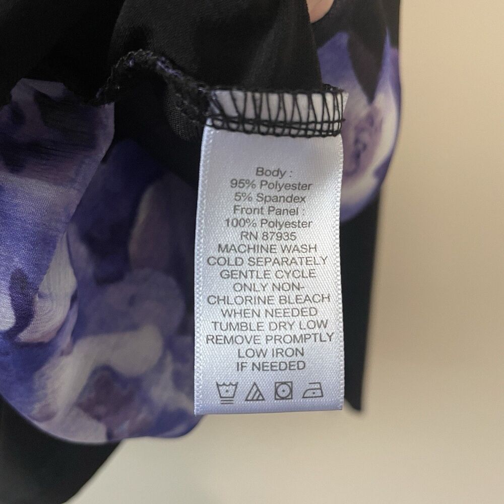 Susan Graver  Pintuck Sheer Popover Blouse XL Black Purple Floral Flowy Office - Picture 8 of 11